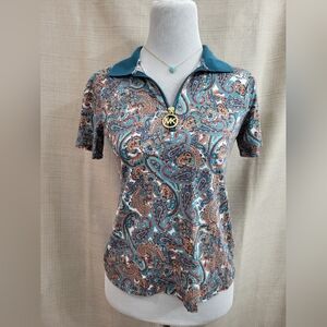 Michael Kors Women's Top Paisley Teal Red Short Sleeve Collared Stretch Size XS